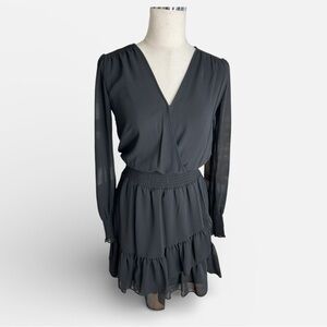 Michael Kors Black Sheer Dress Ruffle Hem Flowy V Neck Cinched Waist Size XS